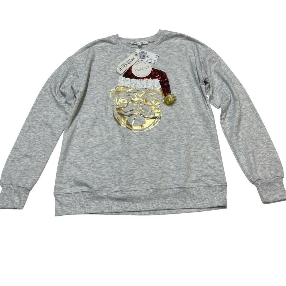 Workshop Republic Clothing Mens‎ XS Heather Grey Christmas Pug Sequin Sweatshirt